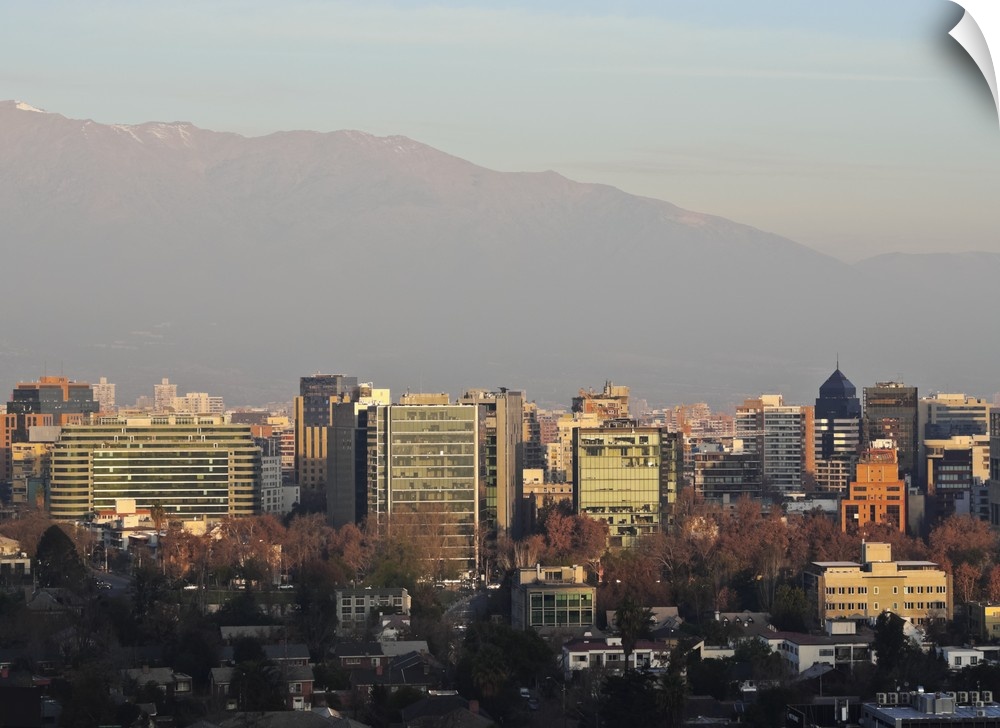 View from the Parque Metropolitano towards the high rise buildings in the financial sector, with the Andes behind, Santiag...