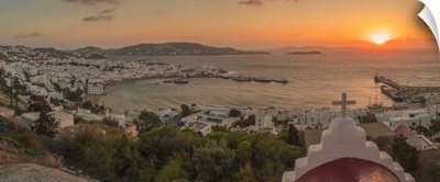 View Of Chapel And Town From Elevated View Point At Sunset, Mykonos, Greece