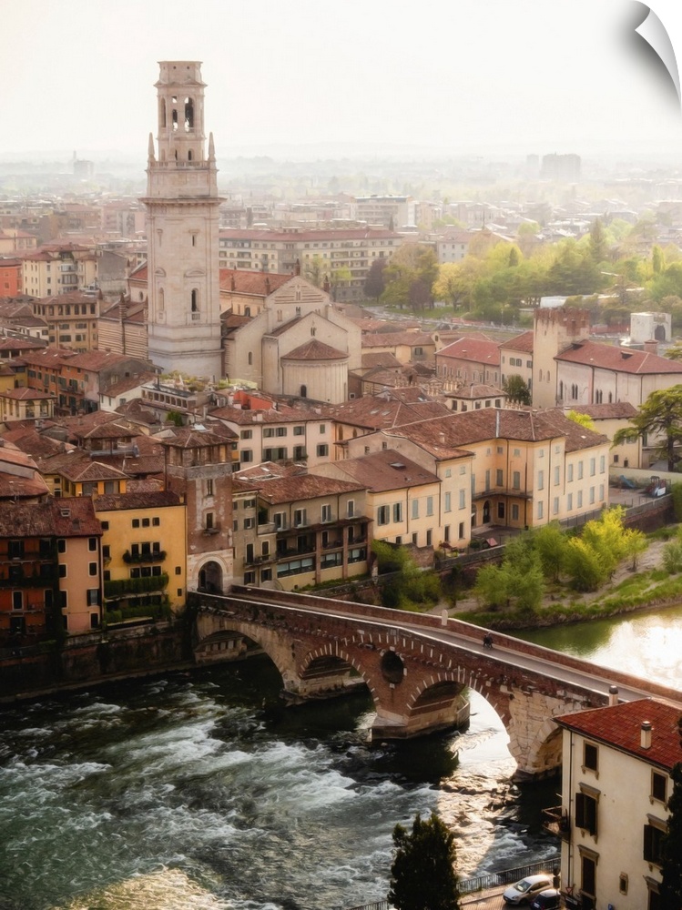 View of Ponte Pietra from Castel San Pietro, Verona, Veneto, Italy, Europe