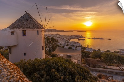 View Of Windmill Overlooking Town At Golden Sunset, Mykonos, Greece