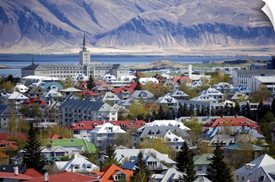 View over Reykjavik with mountains looming in the distance, Reykjavik, Iceland