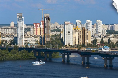 View towards Patona Bridge and Berezniaky over the Dnipro River, Kiev, Ukraine