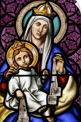 Virgin and Child, stained glass in Pont L'Abbe church, Brittany, France