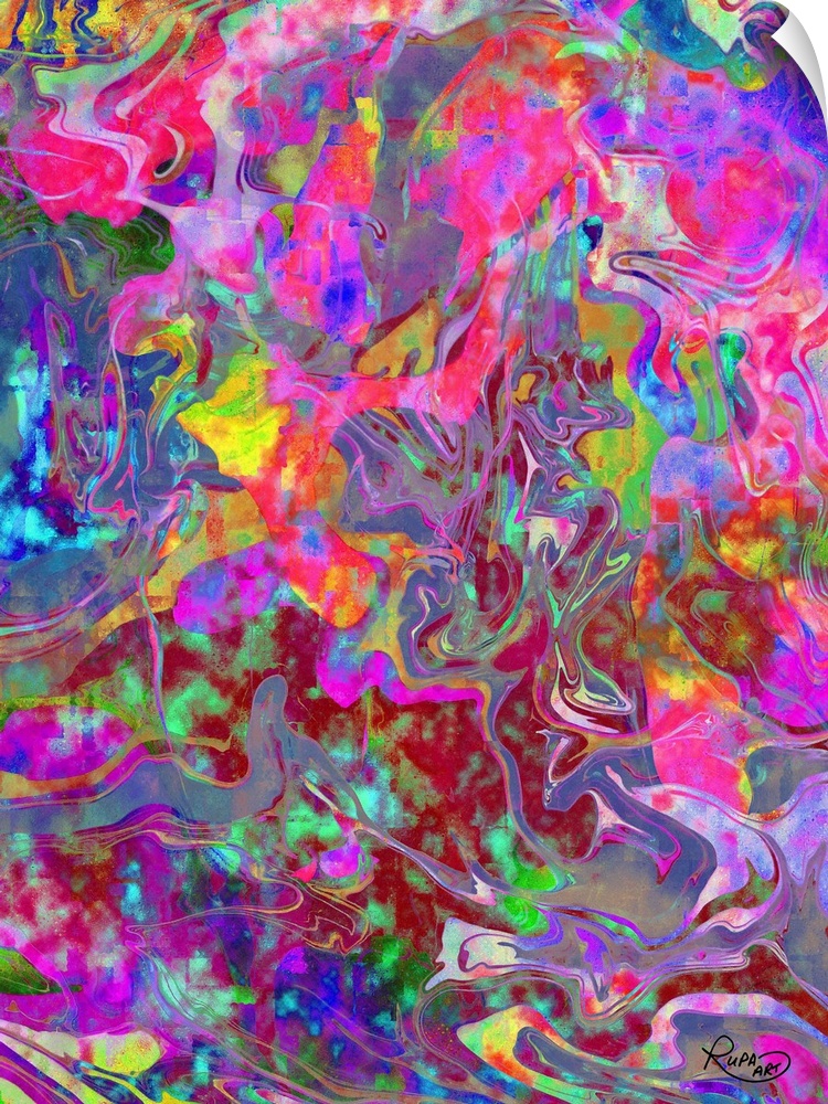 Pink and purple based abstract art with bright colors swirled and formed together.