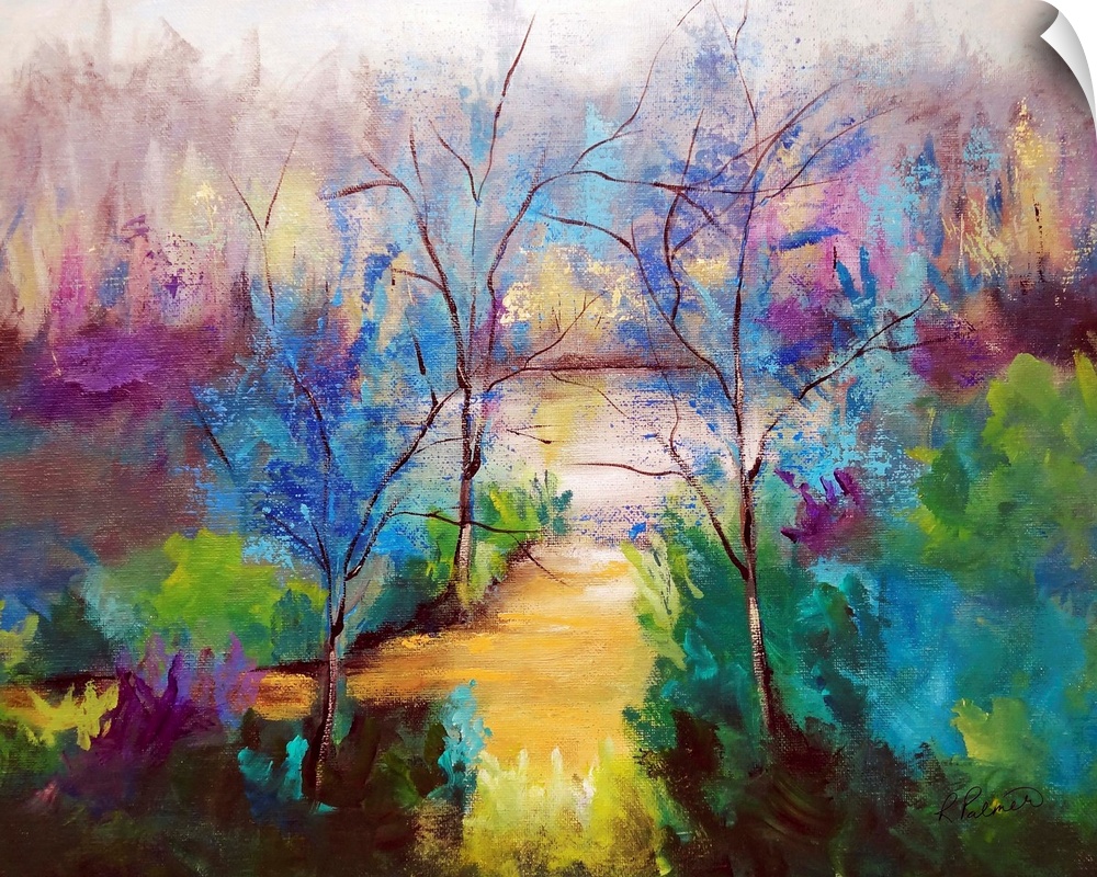 Large painting of a clearing in a forest.