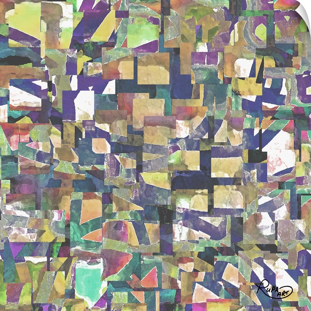 Square abstract art made out of  straight-edged sections of color collaged together creating layers of depth.