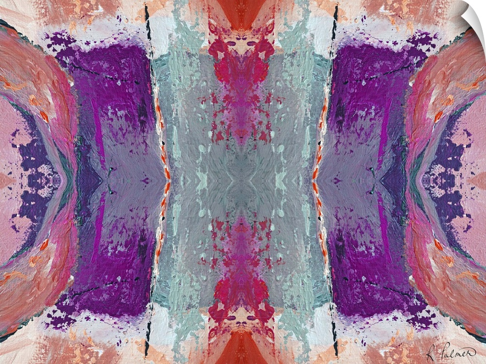 Abstract contemporary painting resembling a kaleidoscopic image, in pink and purple tones.