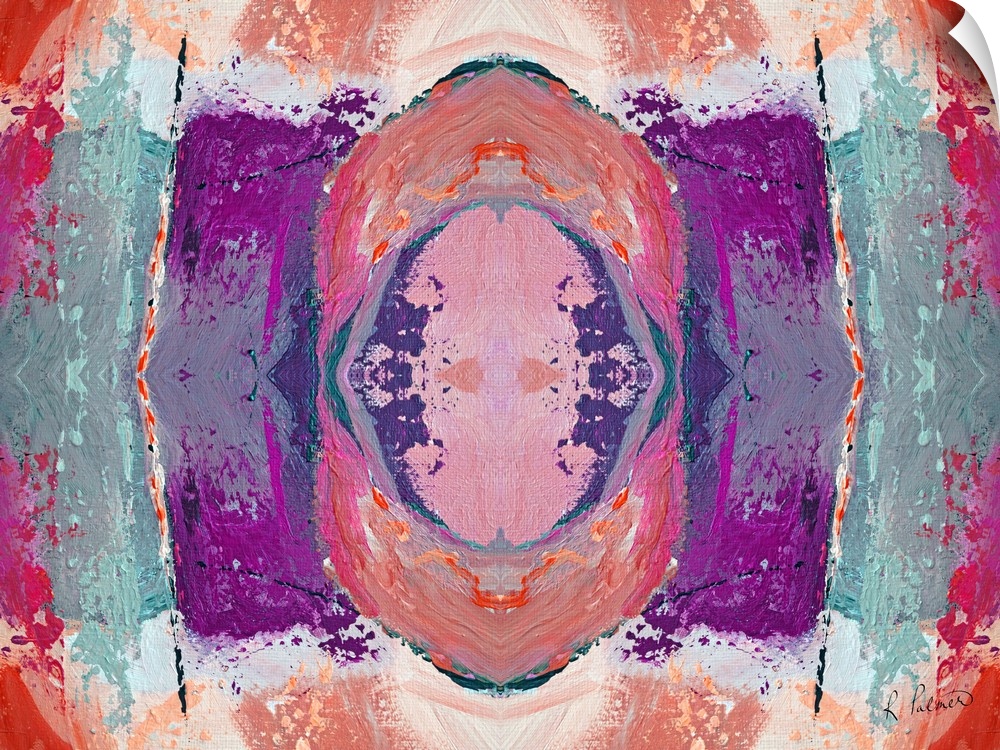 Abstract contemporary painting resembling a kaleidoscopic image, in pink and purple tones.
