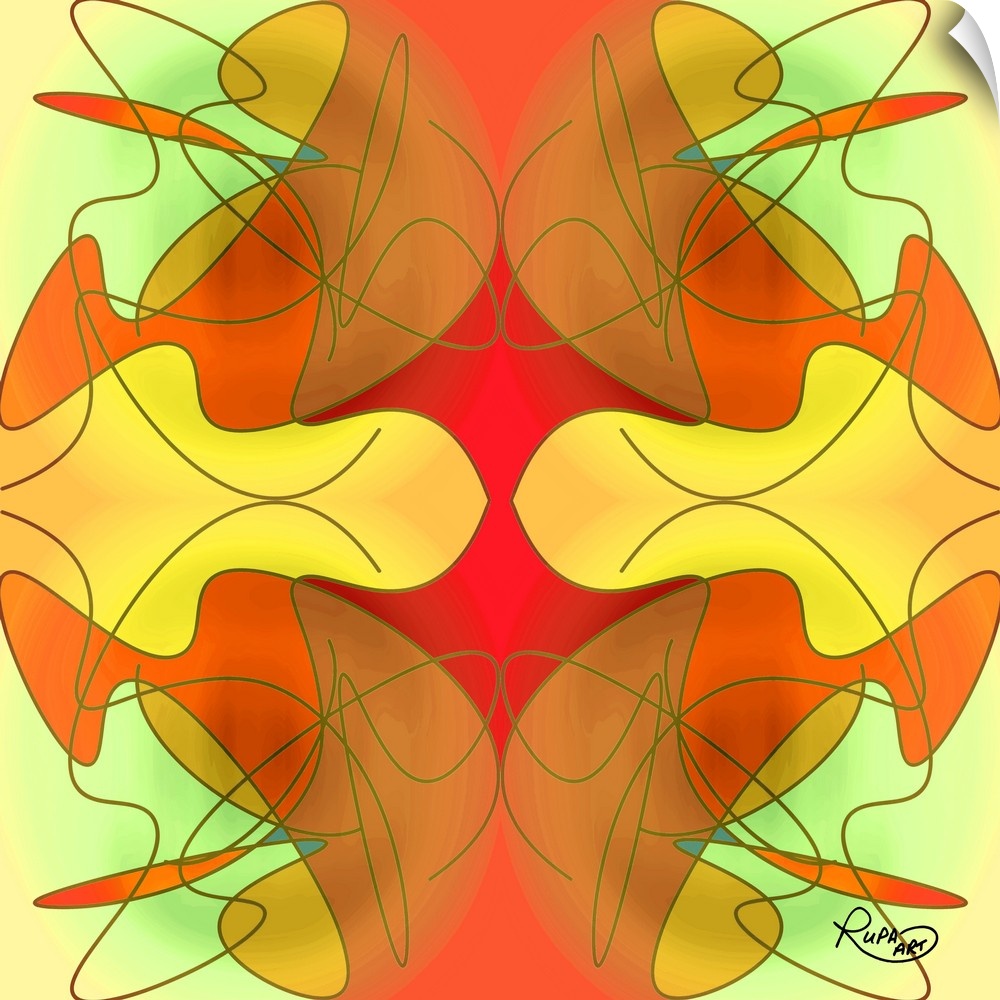 Contemporary digital artwork in vibrant yellow and orange intersecting shapes with swirling lines.