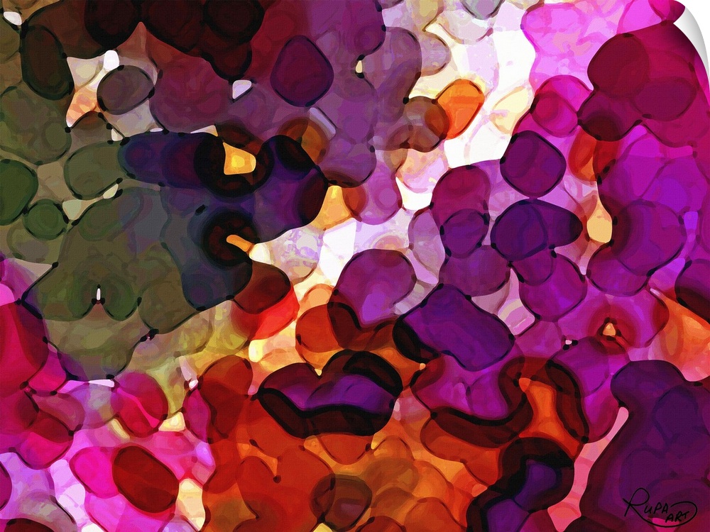 Large, abstract art with blobs of pink, purple, and orange hues layered on top of each other.