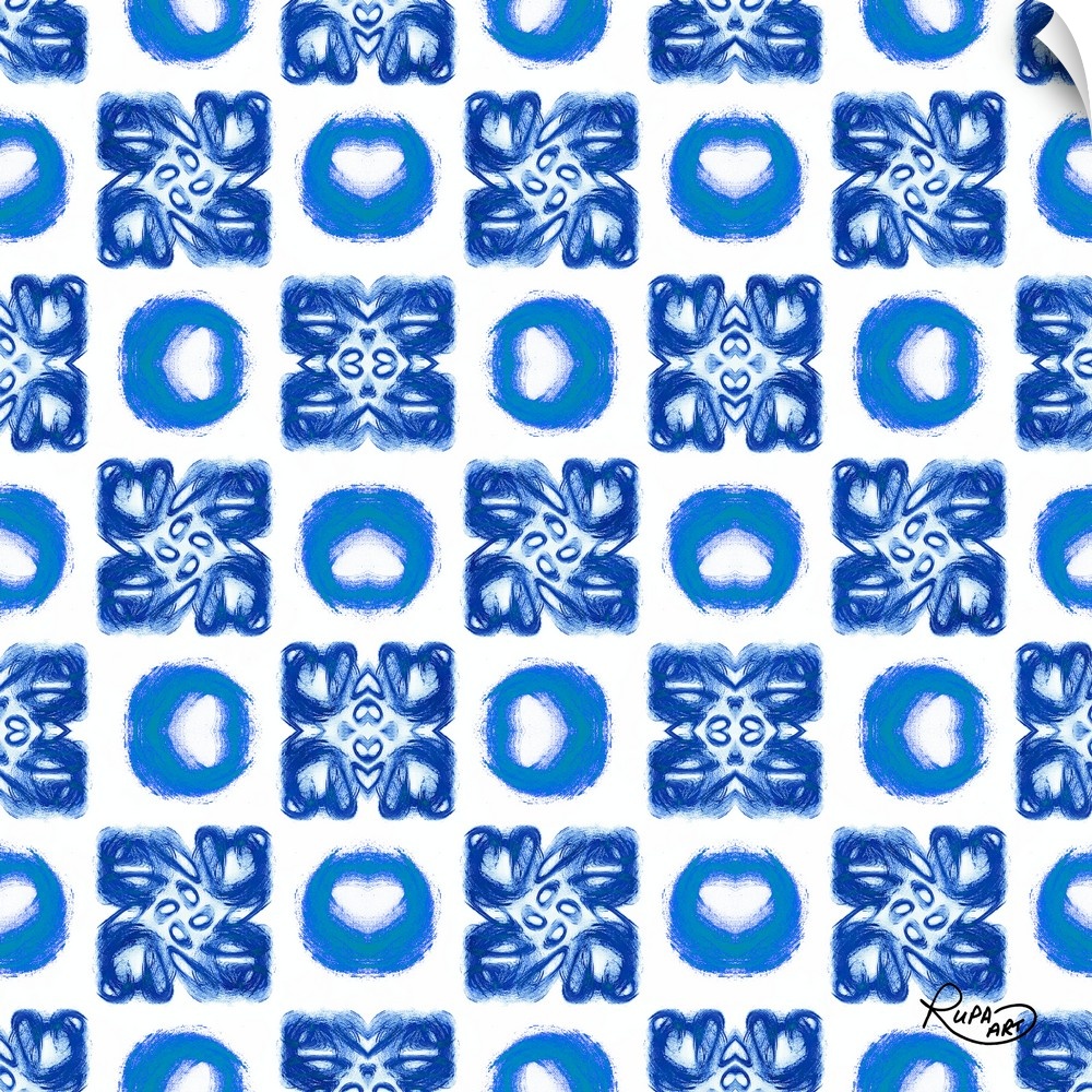 Square artwork with a repetitive pattern of brush stroked circles in blue and white.