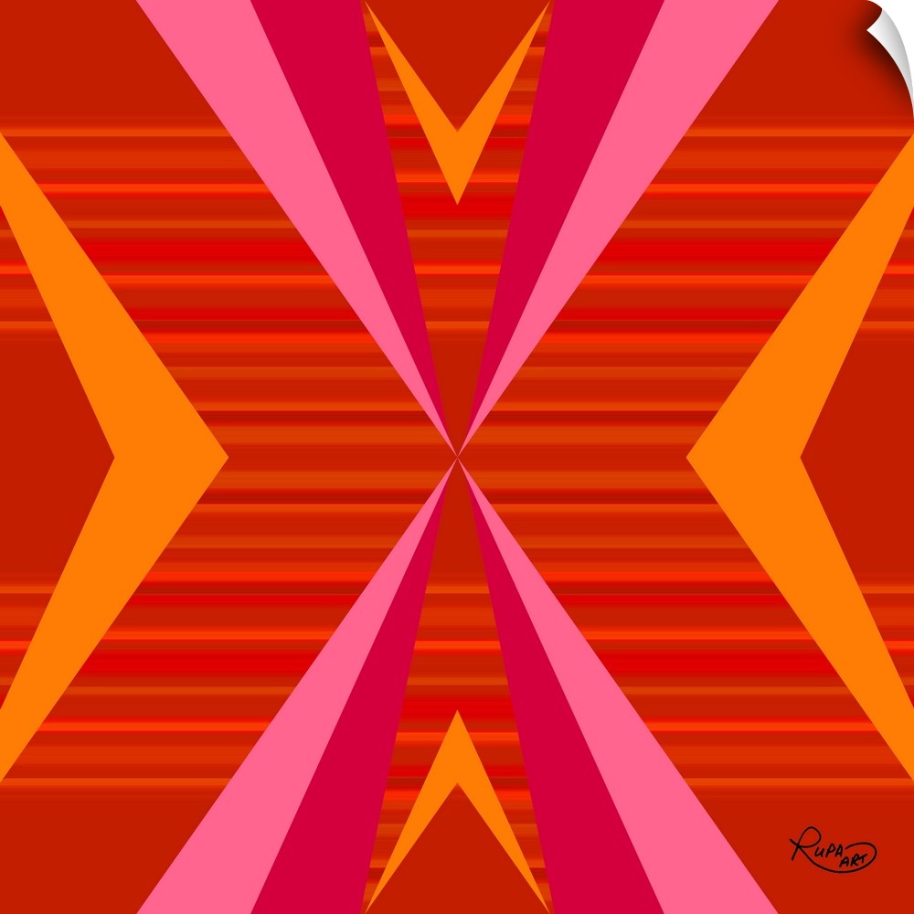 Square abstract of striped diagonal lines in vibrant colors of pink, orange and red.