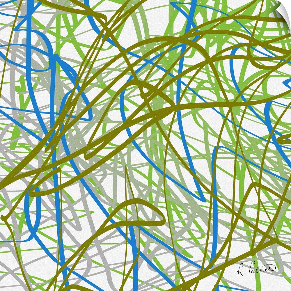 Contemporary abstract painting of a web of blue and green lines against a white background.