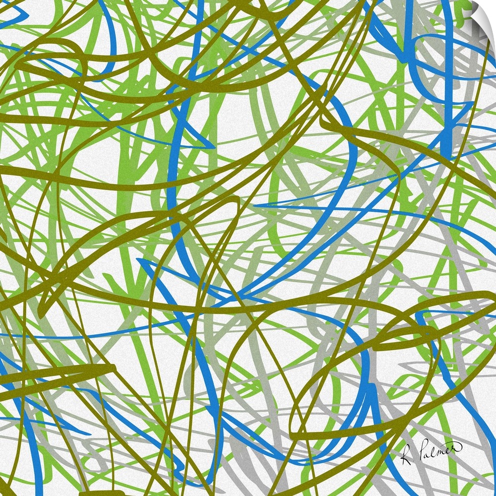 Contemporary abstract painting of a web of blue and green lines against a white background.