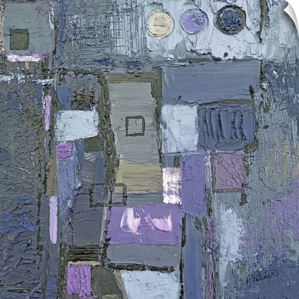 Square abstract painting created with geometric shapes, thick paint, and shades of purple and gray with hints of tan.