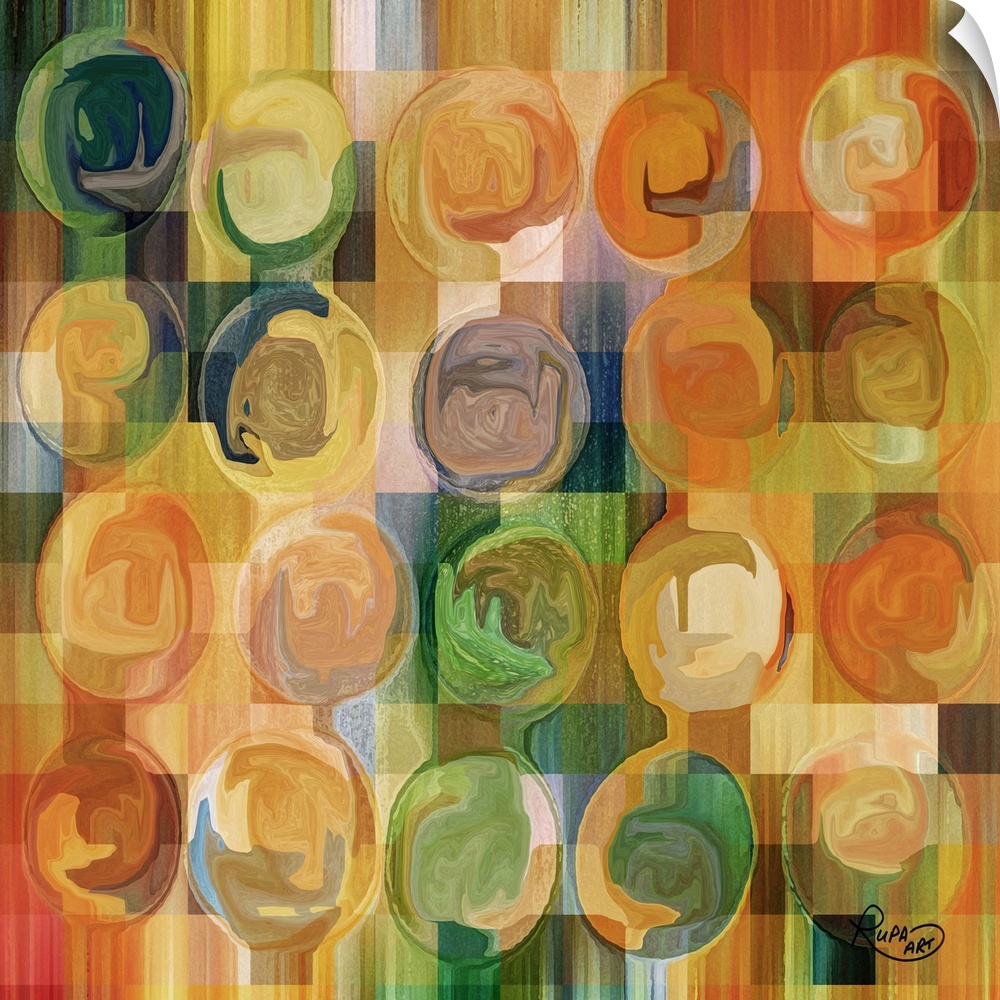 Square abstract art with a colorful checkered background and swirly circles on top.