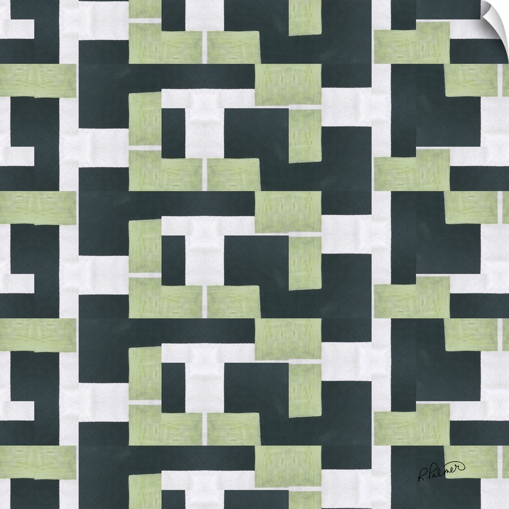A square contemporary painting in a repetitive design of green and black blocks against a white background.