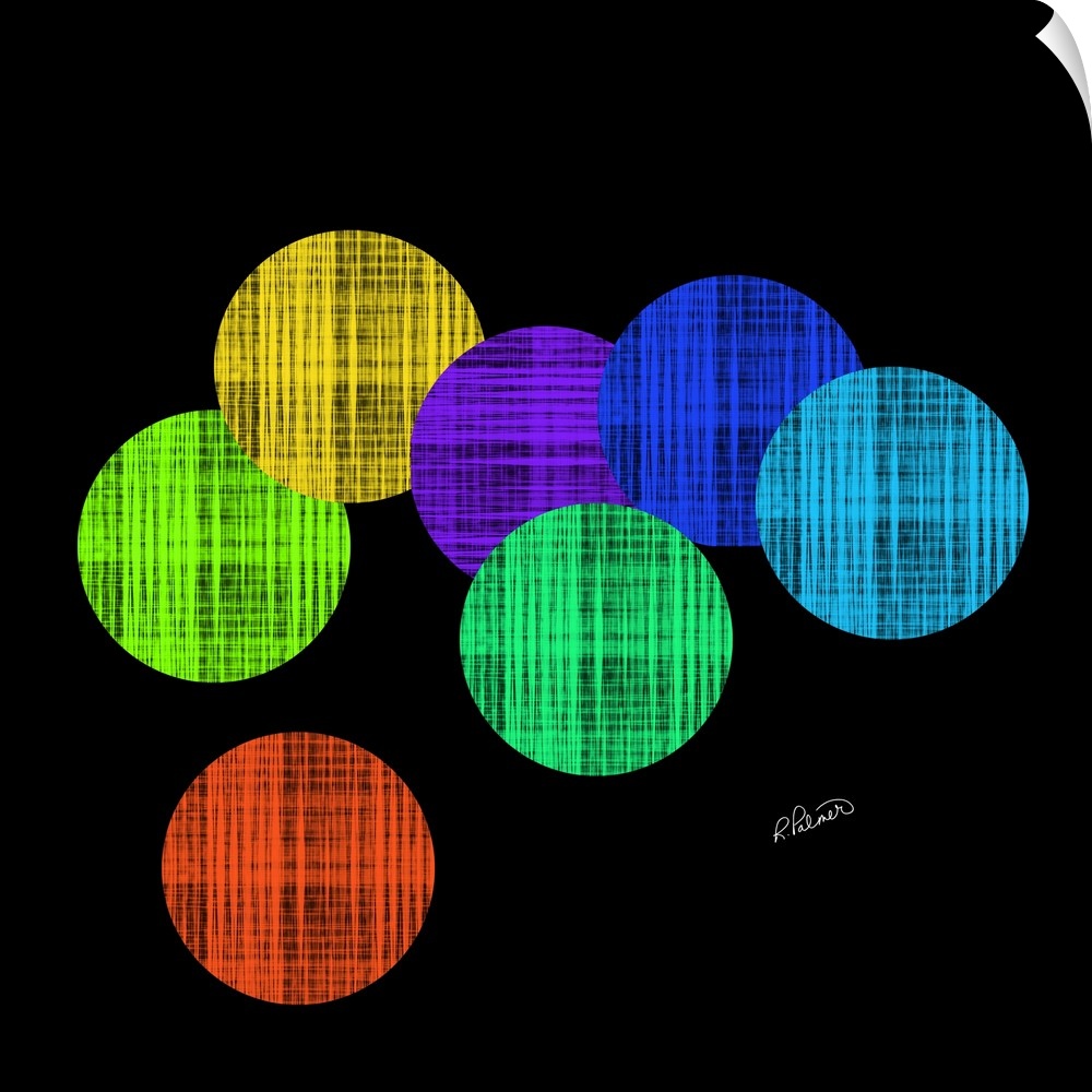 Vibrant colored circles in a cross hatching pattern overlapping each other on a black backdrop.