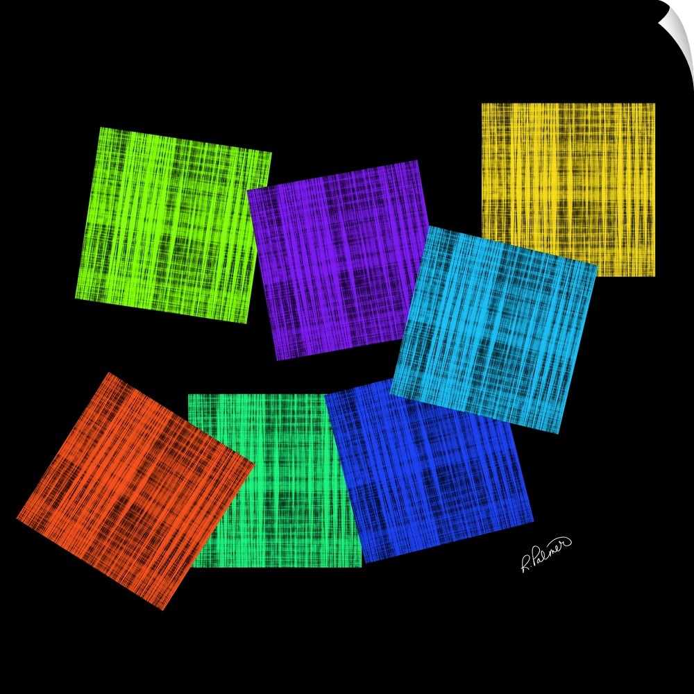 Vibrant colored boxes in a cross hatching pattern overlapping each other on a black backdrop.