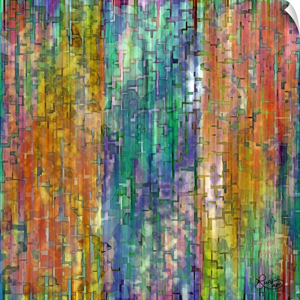 Square abstract artwork in a rainbow of colors with small block and line shapes.