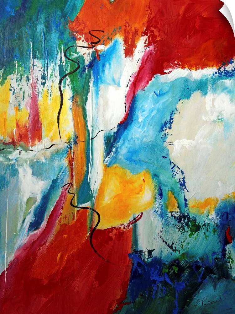 Vertical abstract painting of splashes of bright colors with dark brush stroke scribbled over top.
