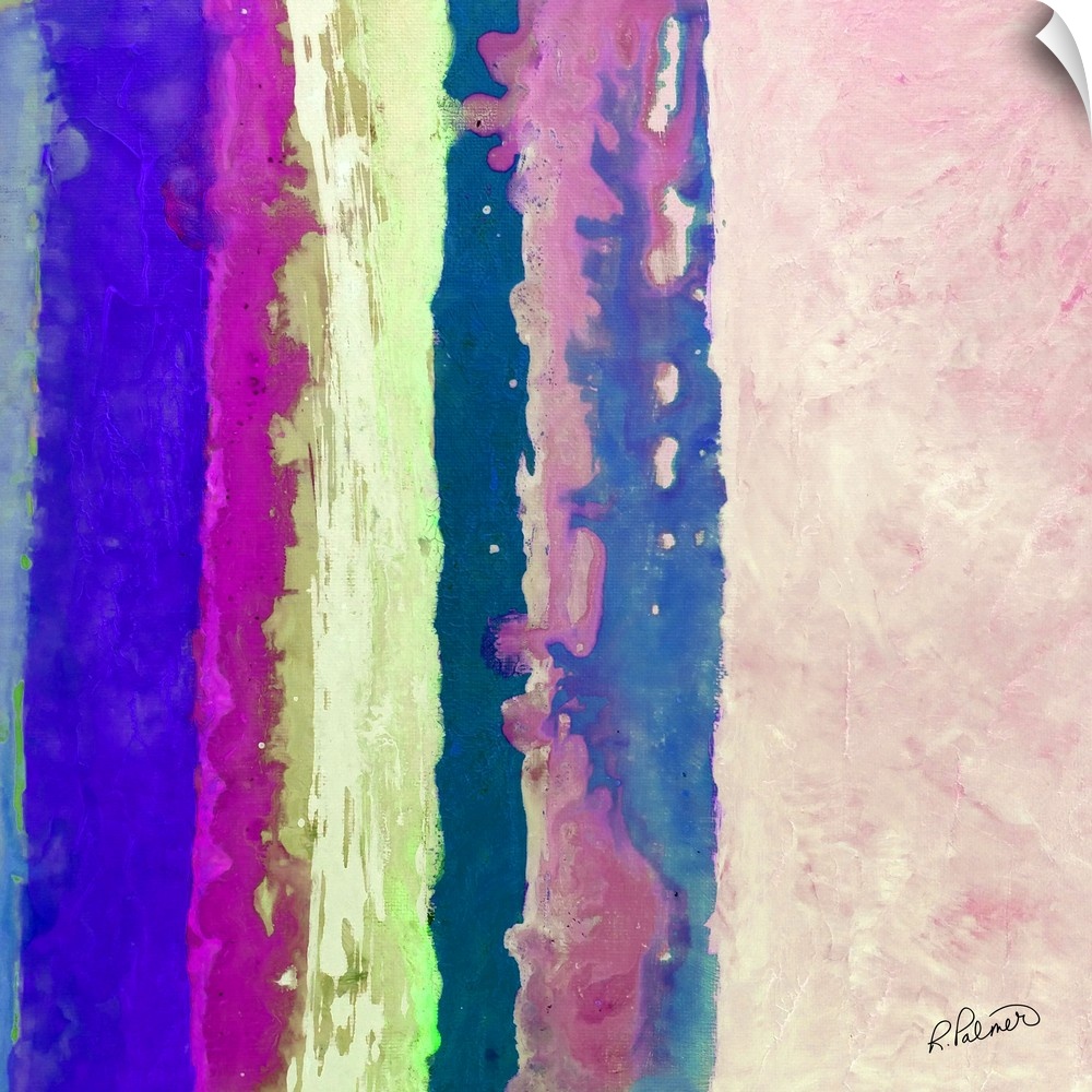 Square abstract painting with vertical sections of color in shades of blue, pink, and green.