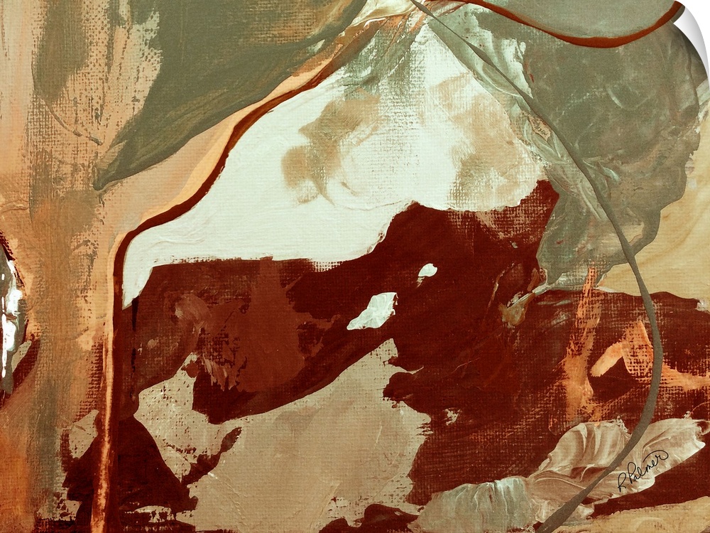 Abstract painting using deep reds and green with contrasting hints of pale orange and white.