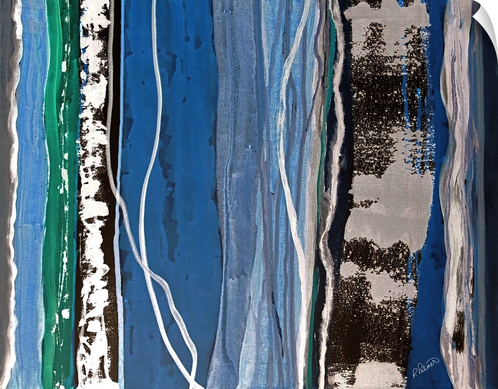 Abstract painting with vertical sections of color and designs in blue, green, white, black, and gray hues.