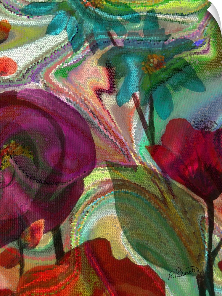 Colorful floral art made in a mosaic style.