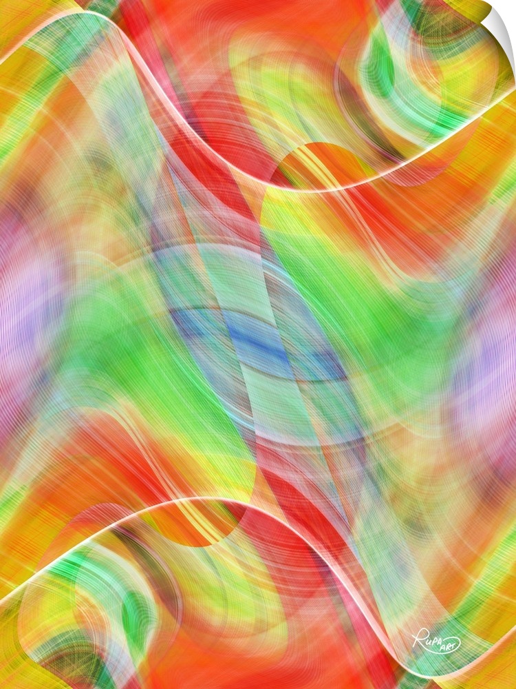 Vertical abstract of swirled lines of vibrant colors such as red, green and yellow.