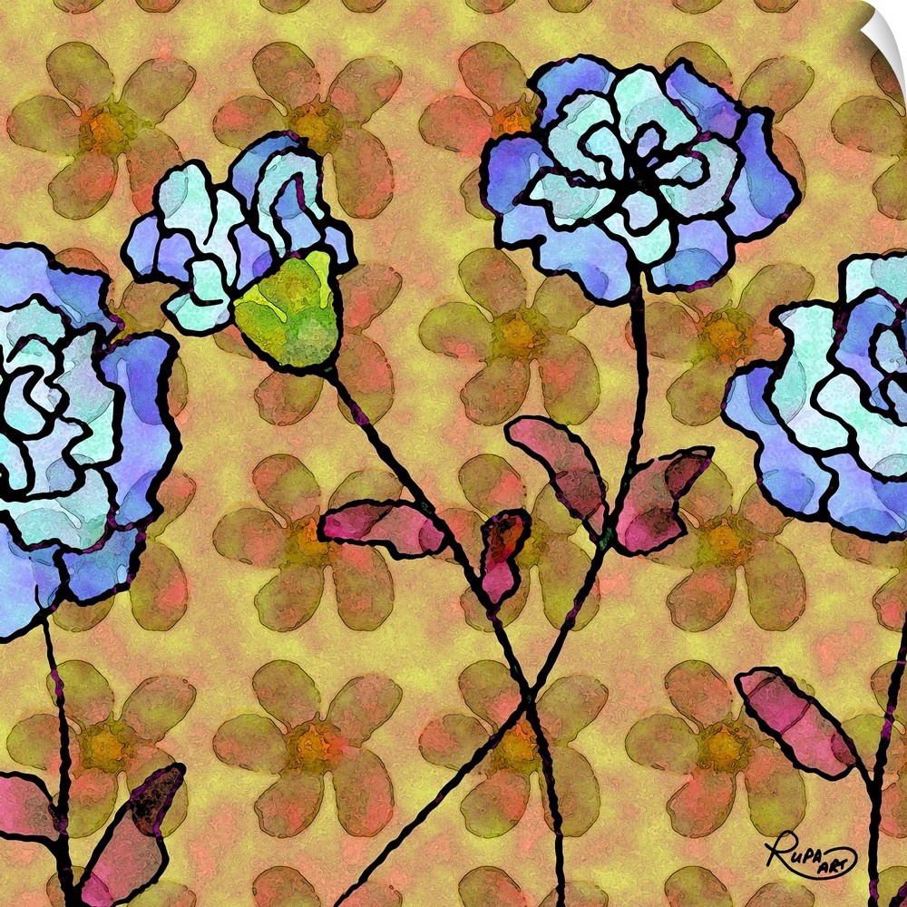Square abstract art with blue flowers outlined in black on a yellow and pink background with a floral pattern.