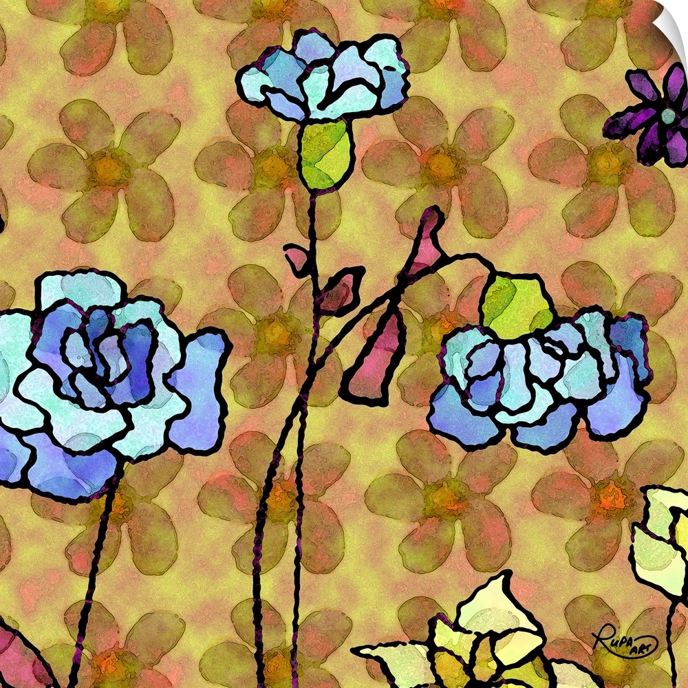 Square abstract art with blue flowers outlined in black on a yellow and pink background with a floral pattern.