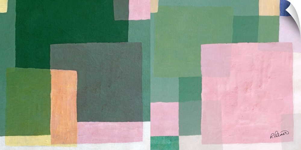 Abstract painting with layered geometric squares in shades of green, pink, yellow and  blue.
