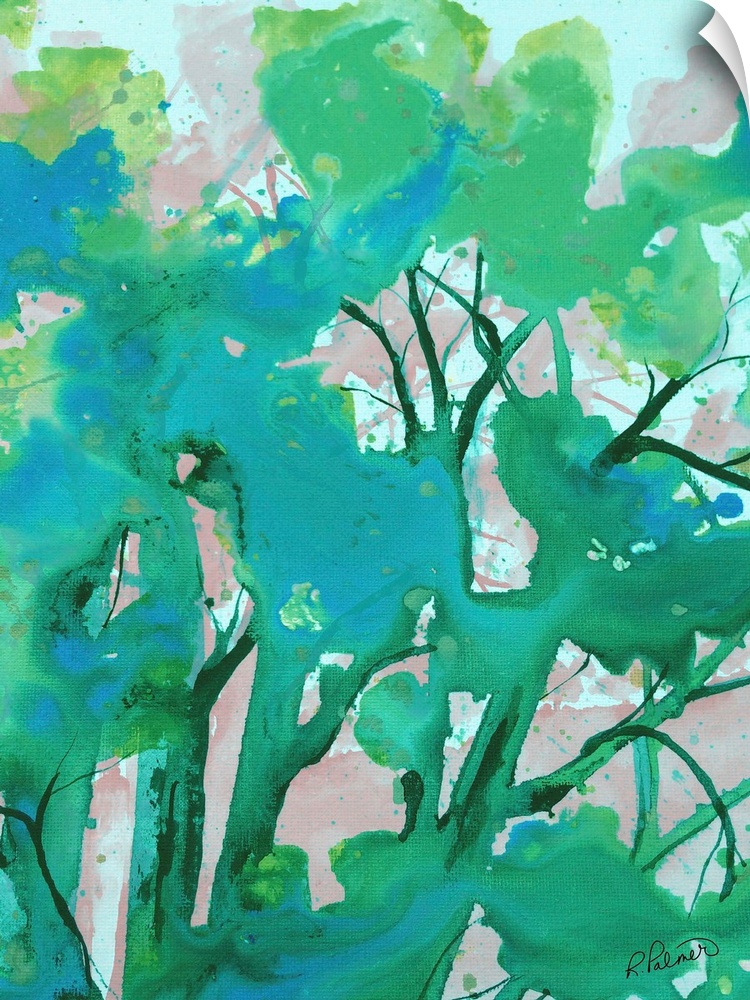 Abstract painting in bright shades of blue, green, and gray.