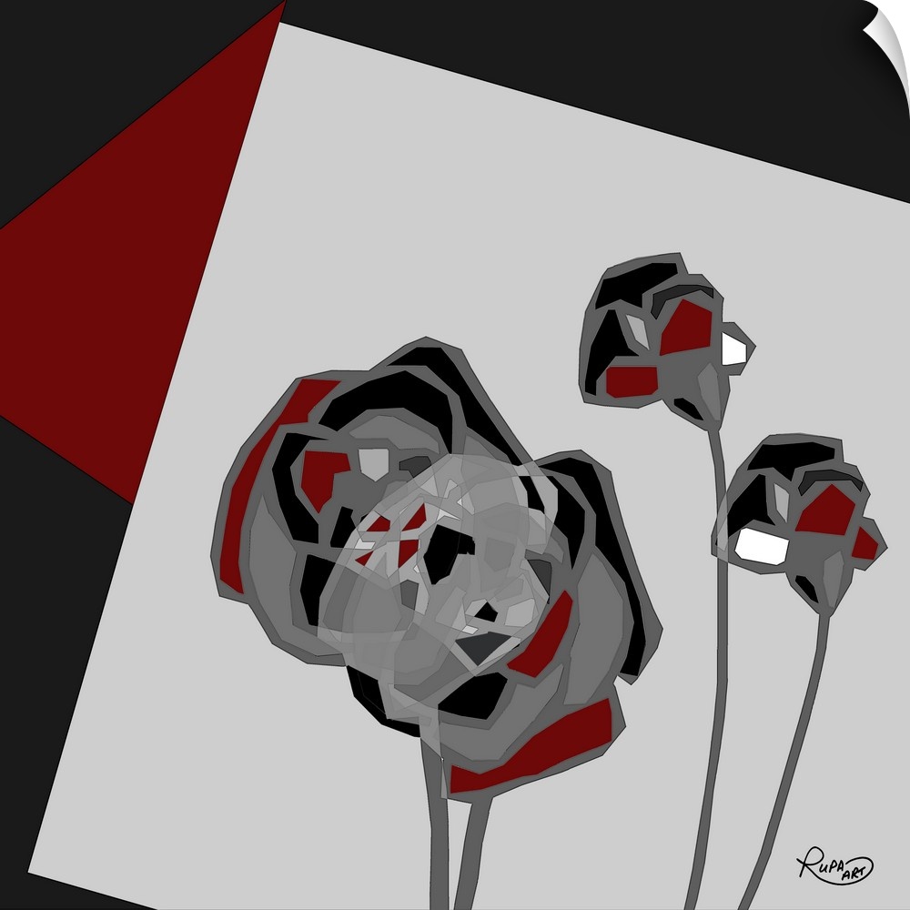 Square abstract painting of red, gray, black, and white flowers created using sections of color.