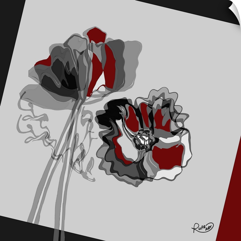 Square abstract painting of red, gray, black, and white flowers created using sections of color.