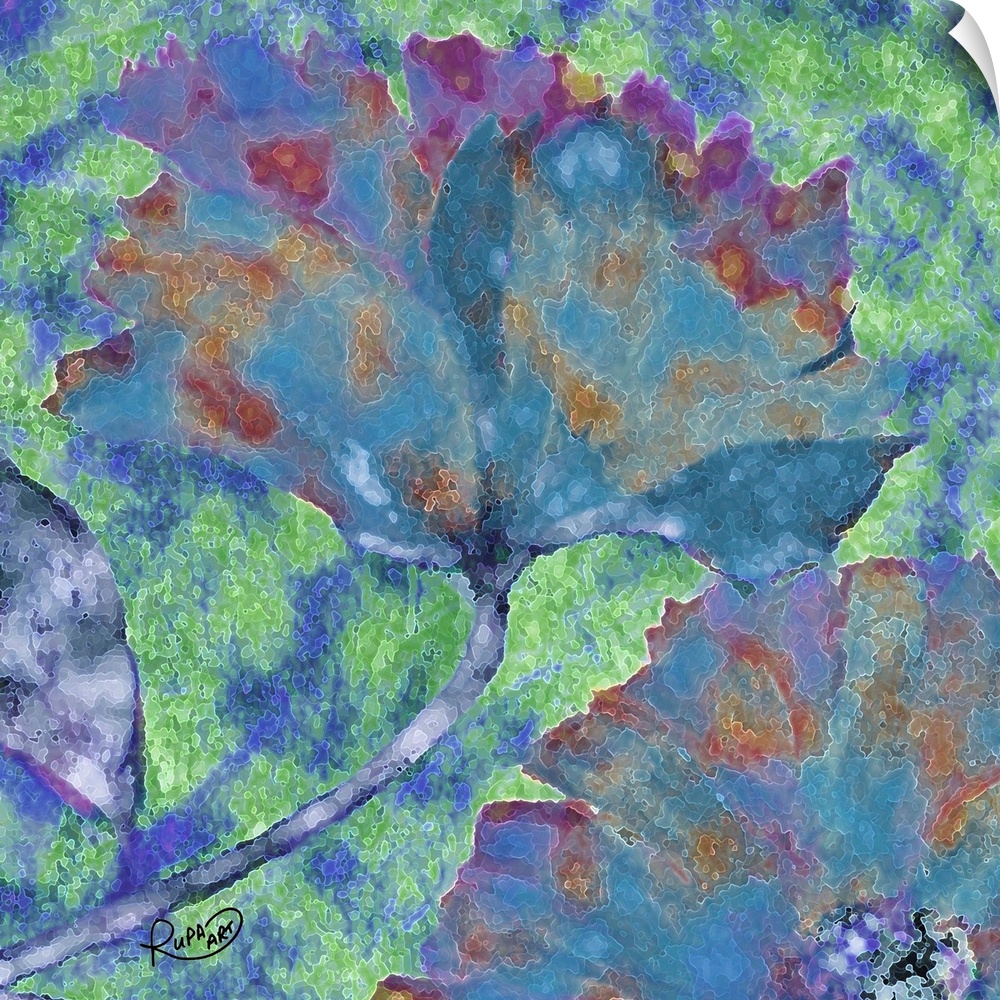 Square abstract art with a floral print made out of curvy white lines and filled in with watercolor-like colors.