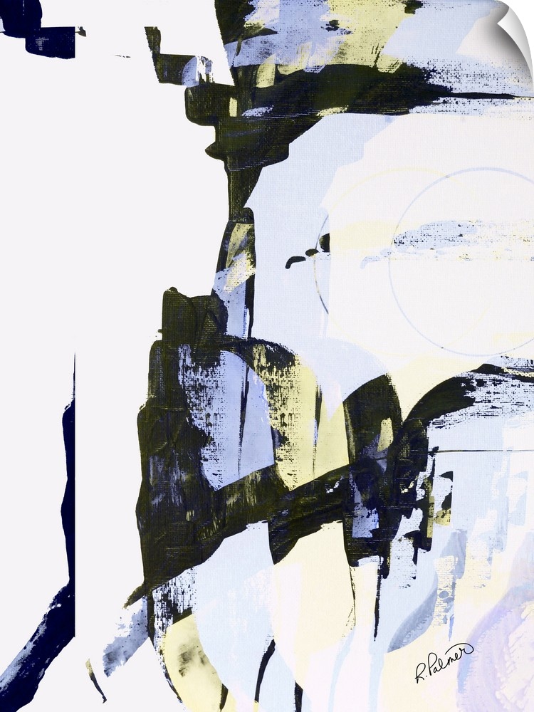 Abstract painting with sporadic brushstrokes in black, yellow, and light purple hues on a white background.