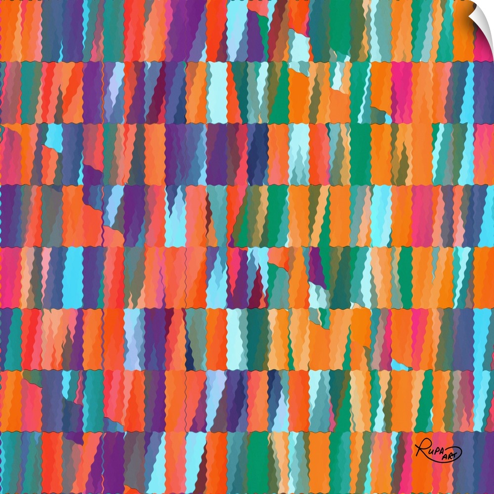 Contemporary digital artwork in bold shades of red, purple, blue, green, and orange, in a grid-like design.
