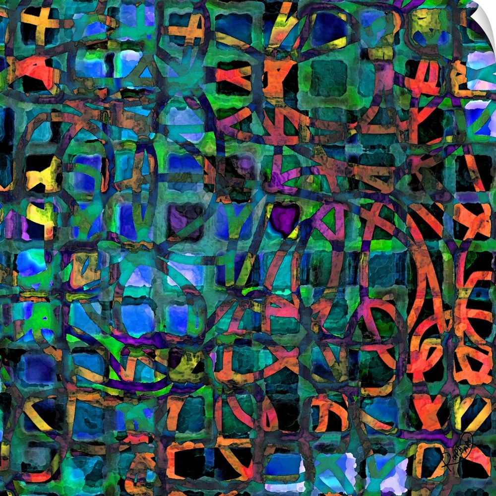 Square abstract art made out of colorful squares and a loopy lined design on top.