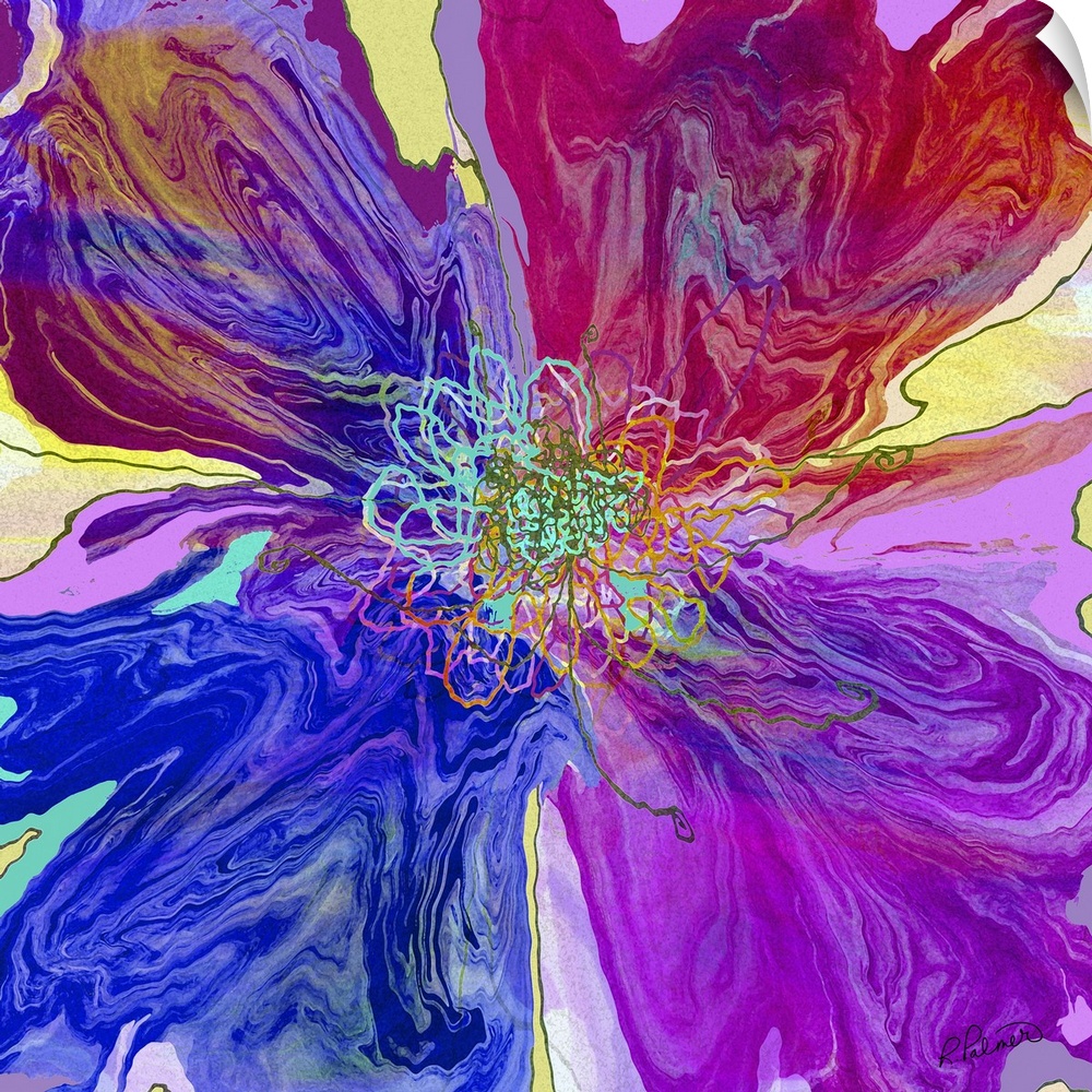 A square image of an abstract flower in vibrant colors.
