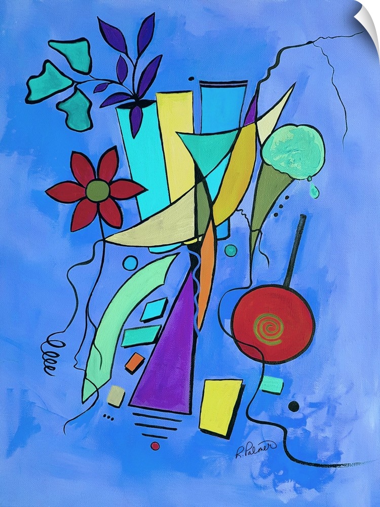 An abstract painting of vases of flowers with ice cream and candy on a blue background.
