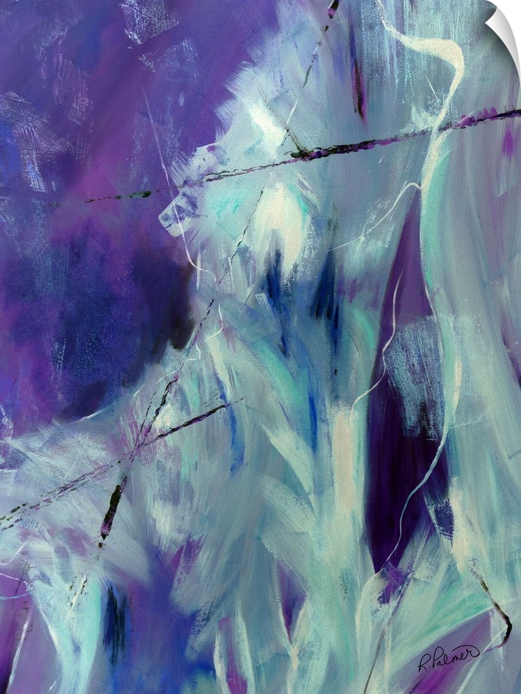 Abstract painting in shades of purple, white, gray, and blue with thin black and purple lines on top.