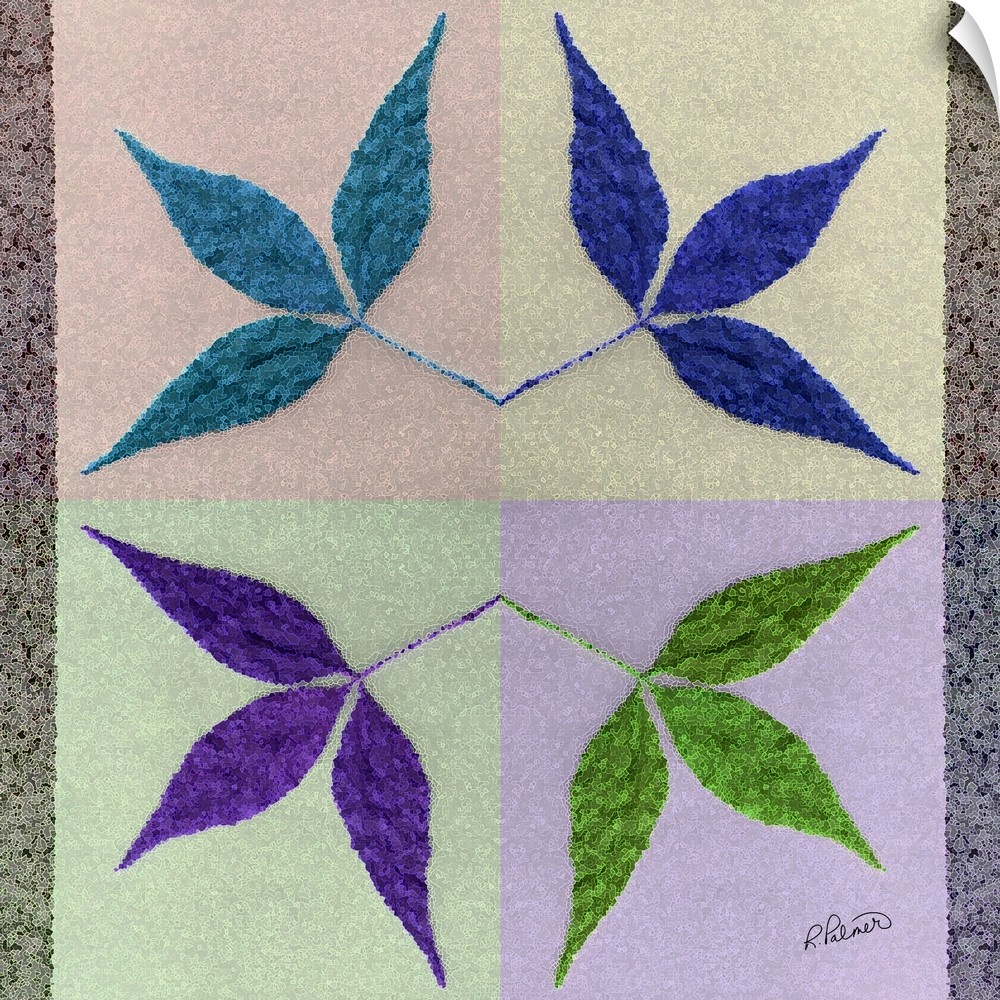 A square design of four mirrored leaves in different colors with a crystallized overlay.