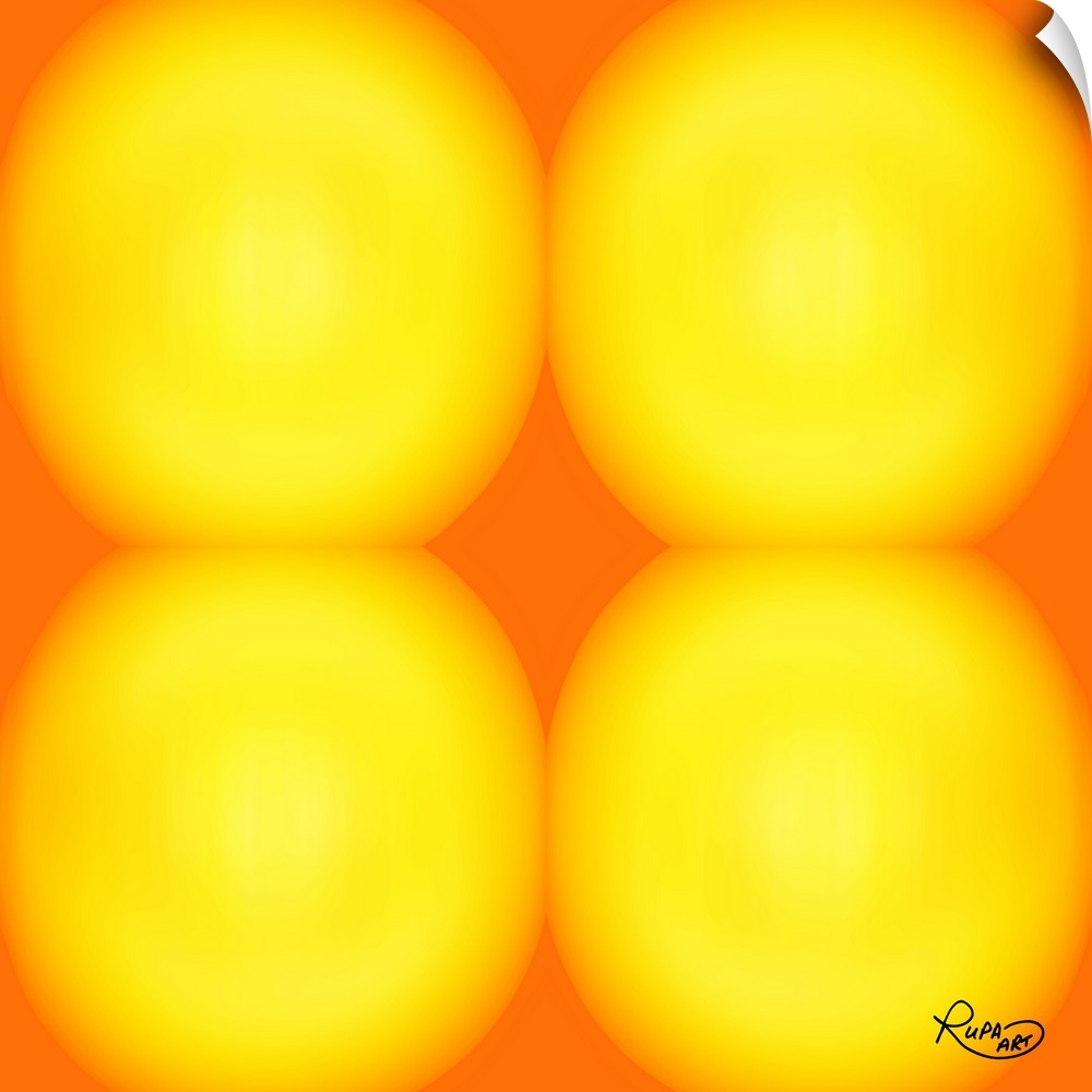 Square abstract of four large blurred yellow circles against an orange backdrop.