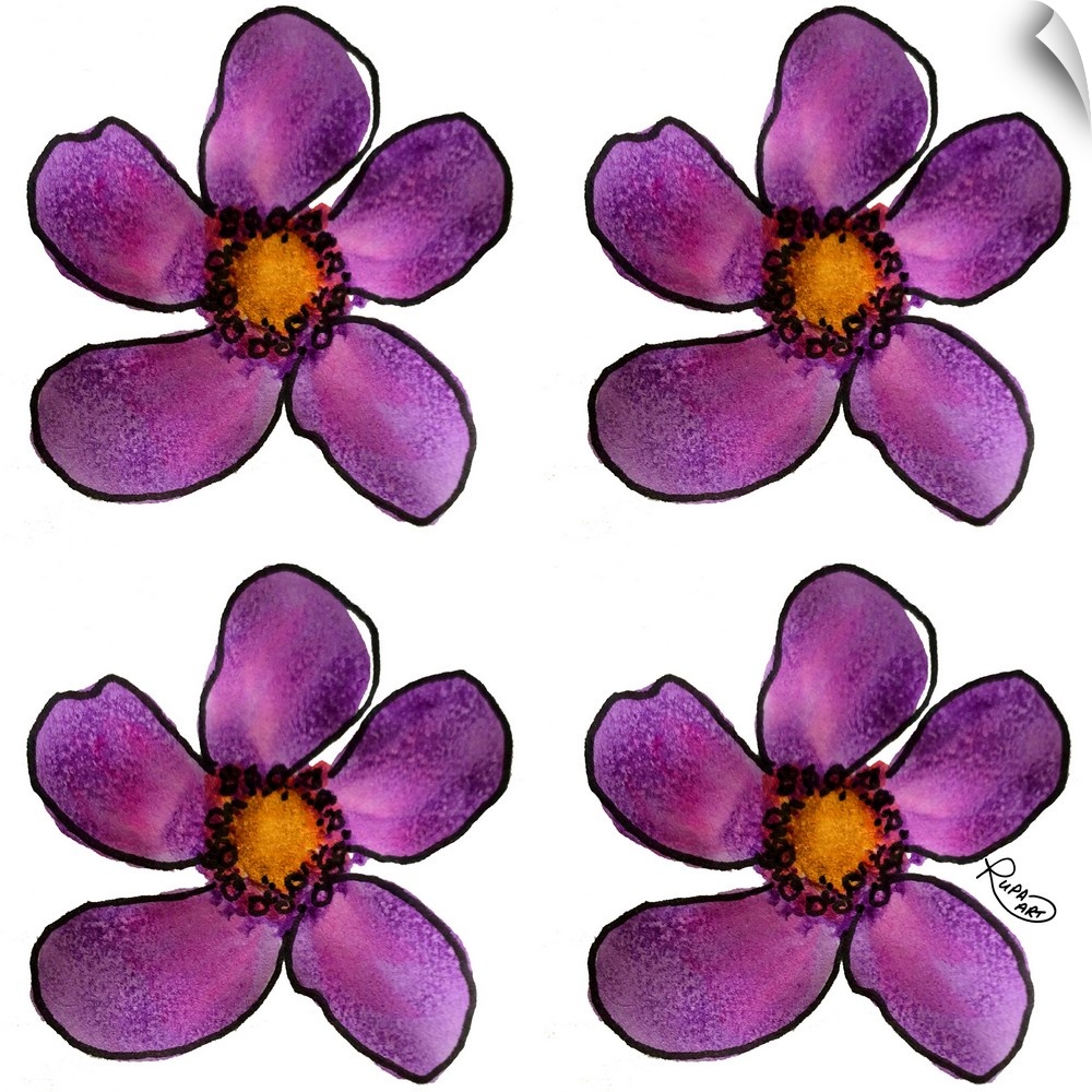 Square watercolor painting of four purple flowers.