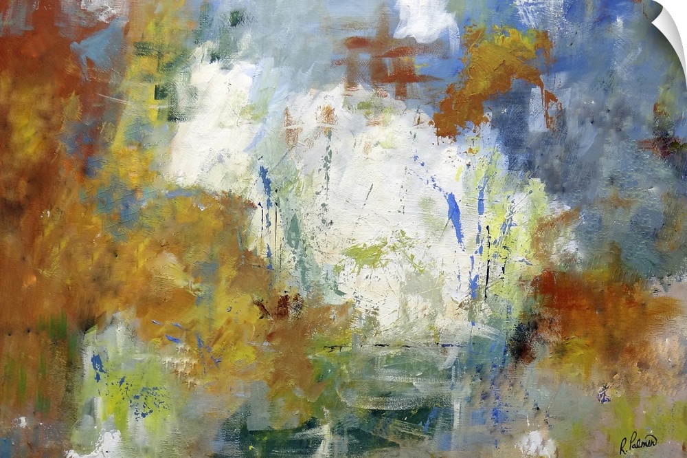 Oversized, horizontal abstract painting of mixed brushstroke techniques and splatters in multi-colored patches.
