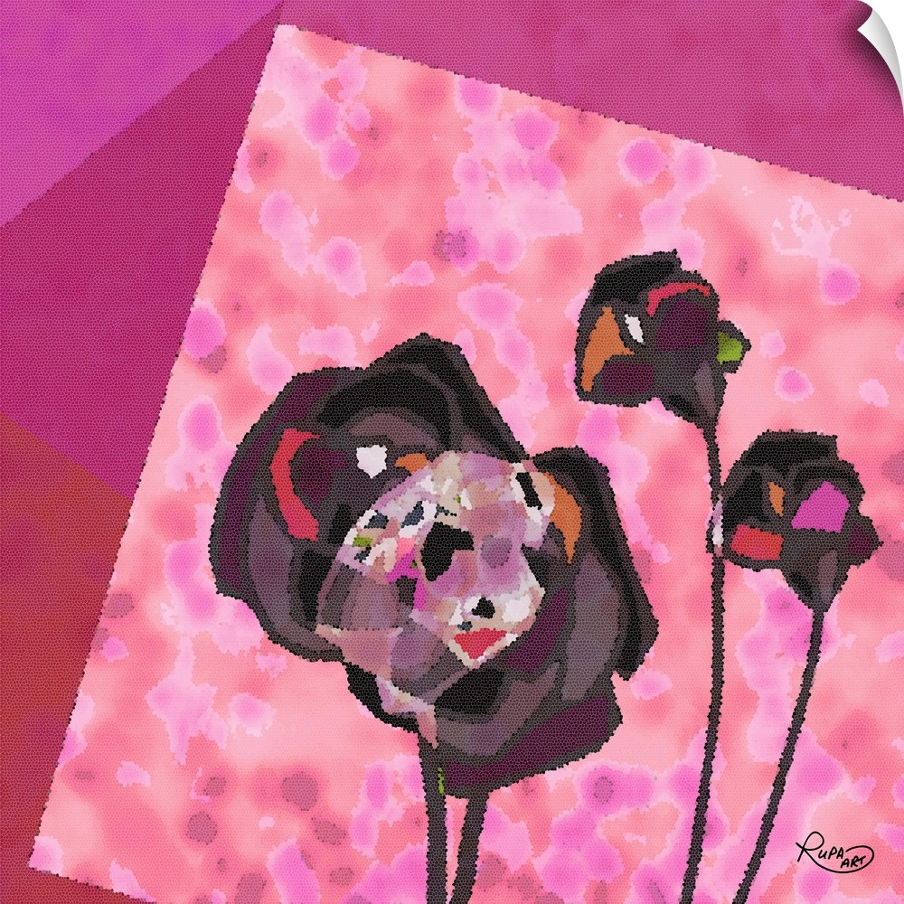 Square pink and purple abstract floral art made in a mosaic style.