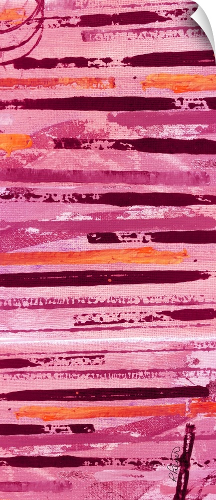 Tall abstract painting with horizontal lines in shades of pink, orange, and red.