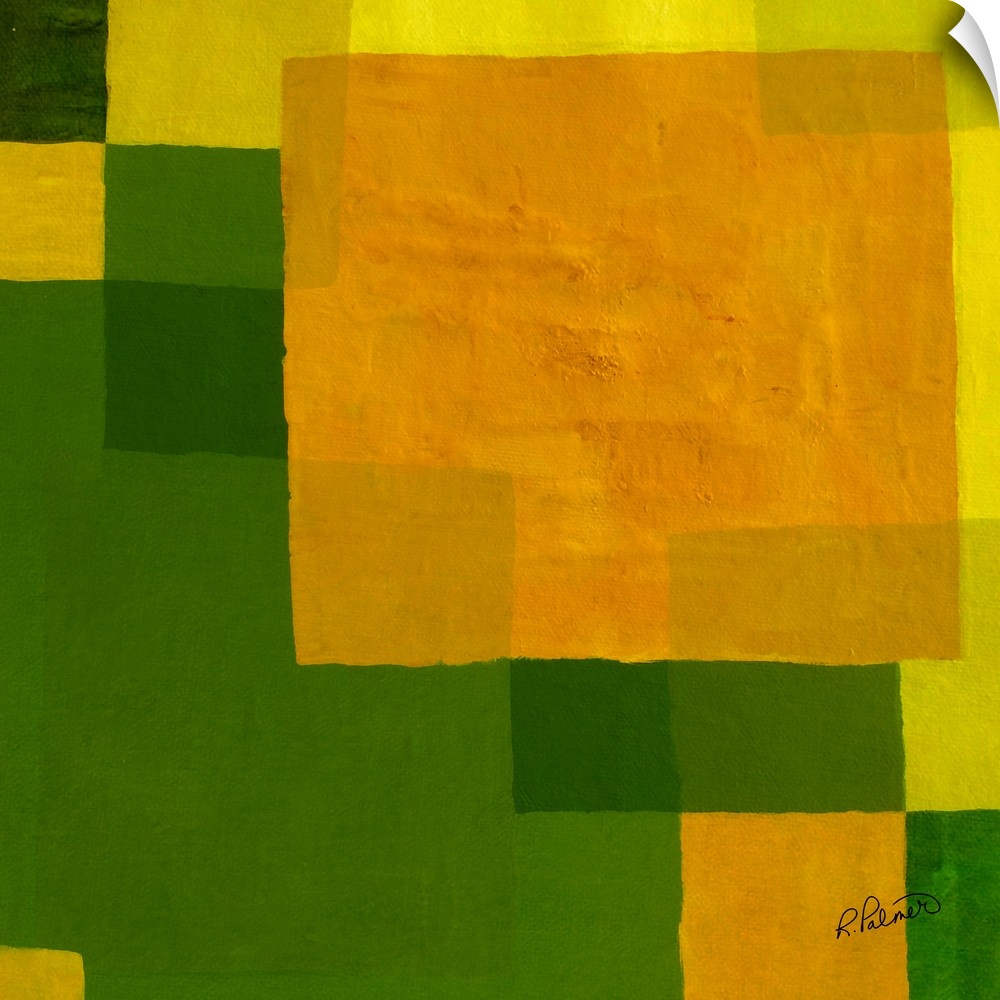 Square abstract painting with layered geometric squares in shades of green and yellow.